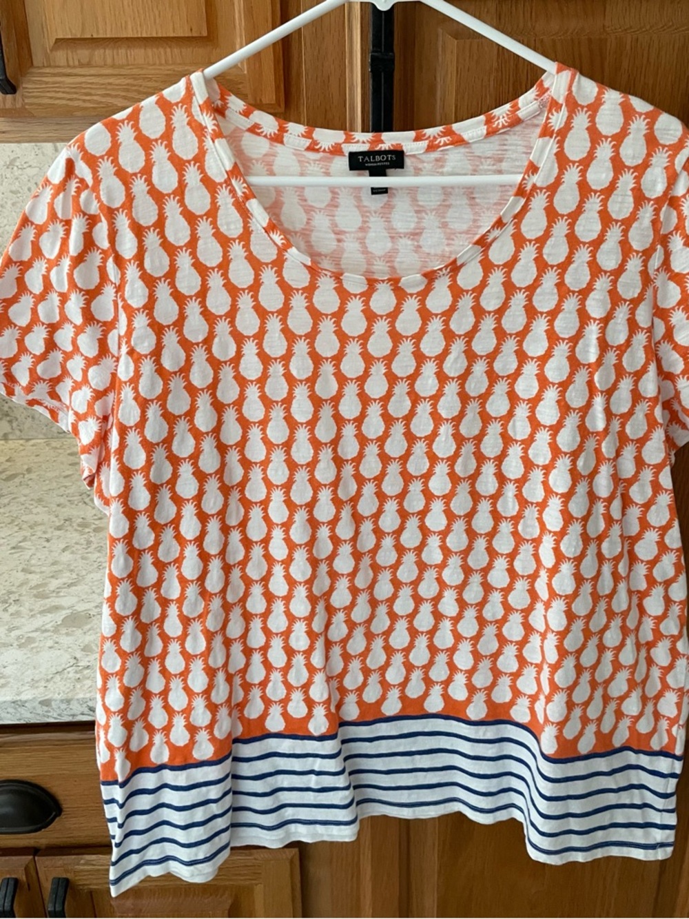 Talbots Orange and White Pineapple Print Short Sleeve Tee with Navy Striped Hem